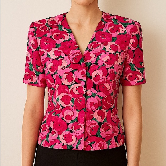Vintage 100% Silk Pink Floral Blouse Button-Up Top Padded Shoulder Barbiecore 10 - Picture 1 of 14